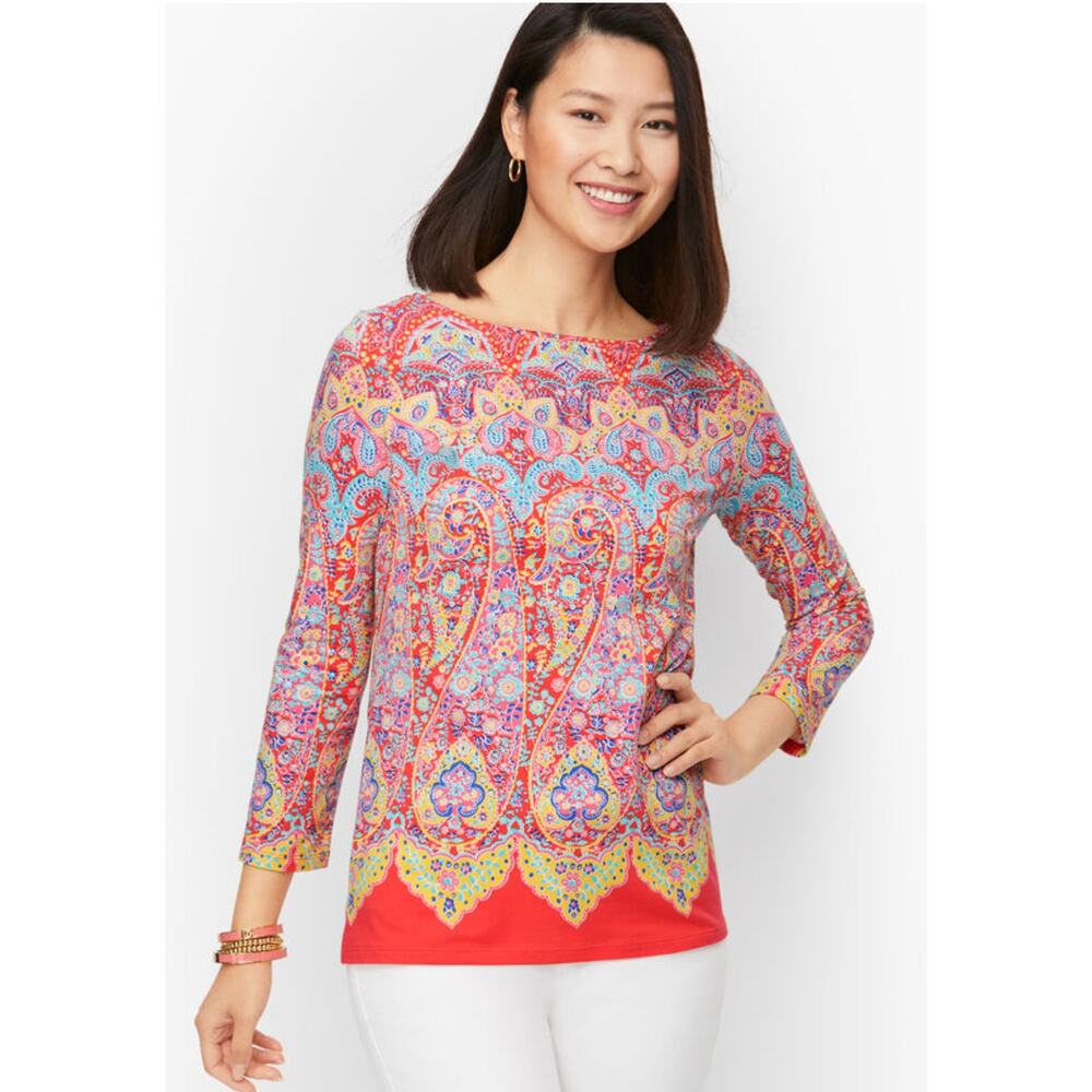 Talbots Womens 1X Red Multi Medallion Paisley Cotton Bateau Neck Tee Boho NEW
